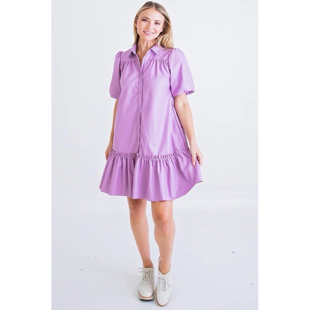 Karlie Women's Lavender Purple Puff Sleeve Faux Leather Ruffle Dress Medium